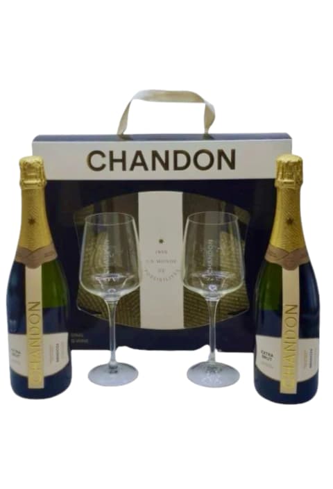 Estuche con 2 Espumantes Chandon extra Brut y 2 copas de vidrio.