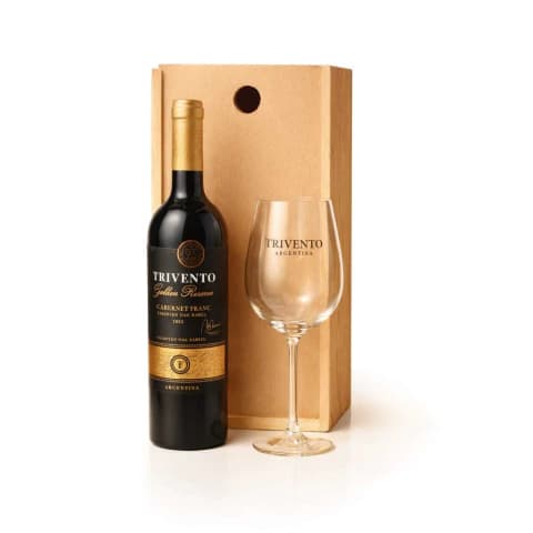 Vino Trivento Golden Reserve mas copa y caja de madera