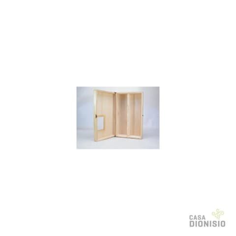 Caja de Pino lustrado con bisagras y ventana de acrilico para 2 Botellas o 1 botella y 1 copa