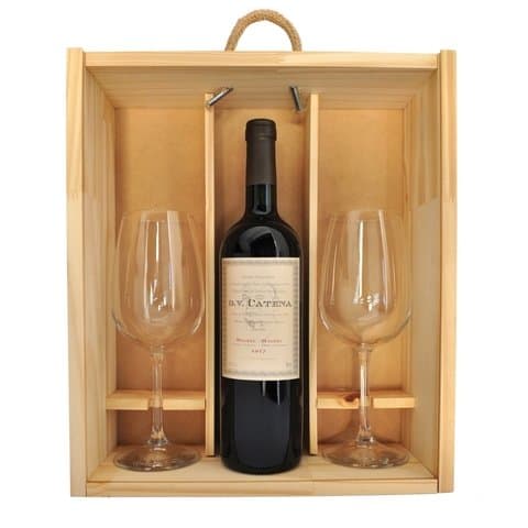 ESTUCHE DE MADERA UN VINO CON 2 COPAS - DV CATENA MALBEC MALBEC