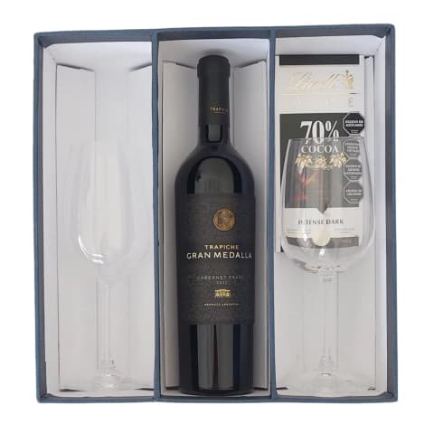ESTUCHE UN VINO CON 2 COPAS Y 1 CHOCOLATE – TRAPICHE GRAN MEDALLA CABERNET FRANC