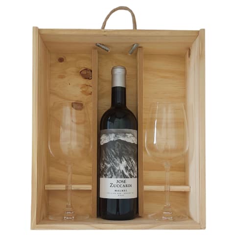 ESTUCHE DE MADERA UN VINO Y 2 COPAS – JOSE ZUCCARDI MALBEC