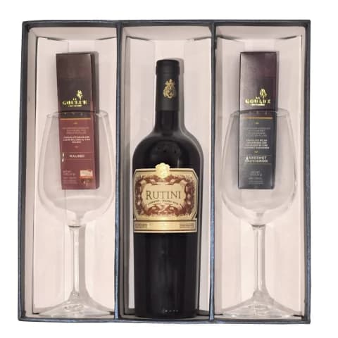 ESTUCHE UN VINO CON 2 COPAS Y 2 CHOCOLATES - RUTINI CABERNET MALBEC