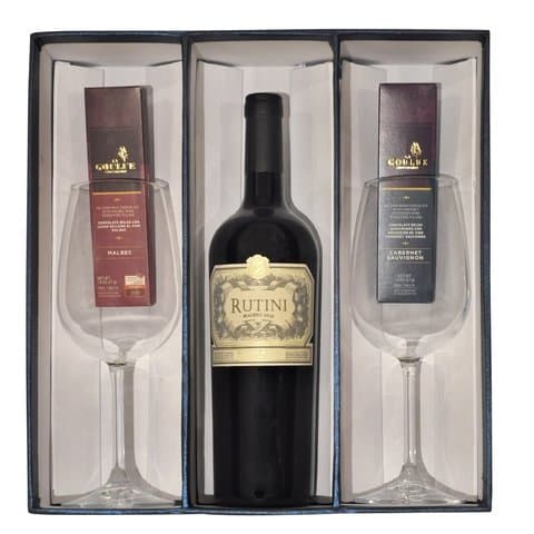 ESTUCHE UN VINO CON 2 COPAS Y 2 CHOCOLATES - RUTINI MALBEC