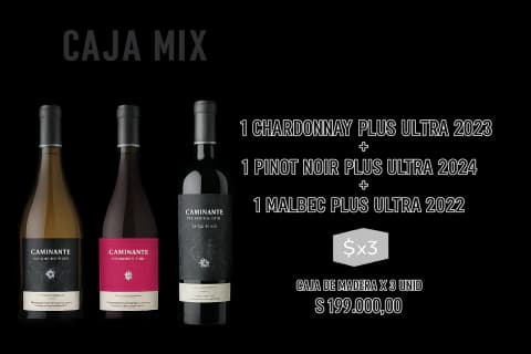 CAJA DE MADERA MIX CAMINANTE PLUS ULTRA CHARDONNAY; PINOT NOIR y MALBEC